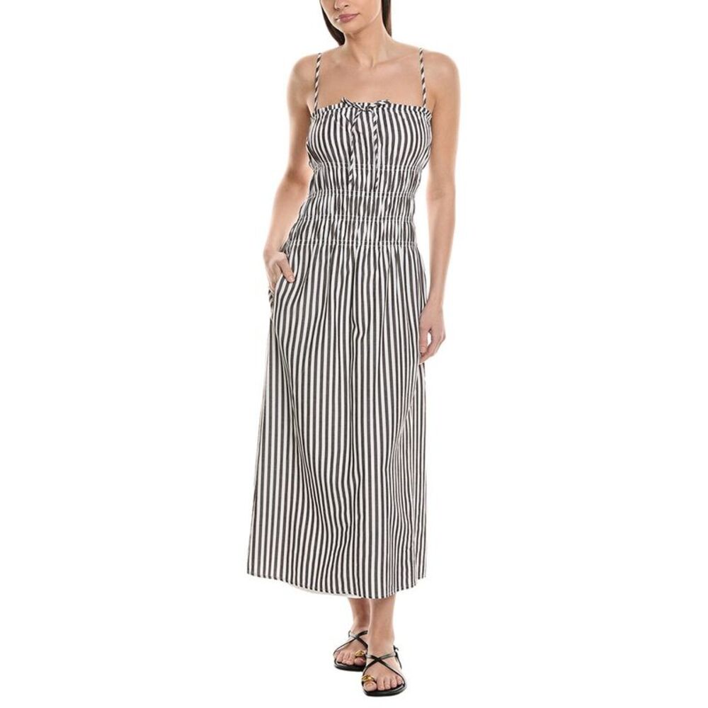 Onia Womens  Smocked Linen-Blend Midi Dress, White